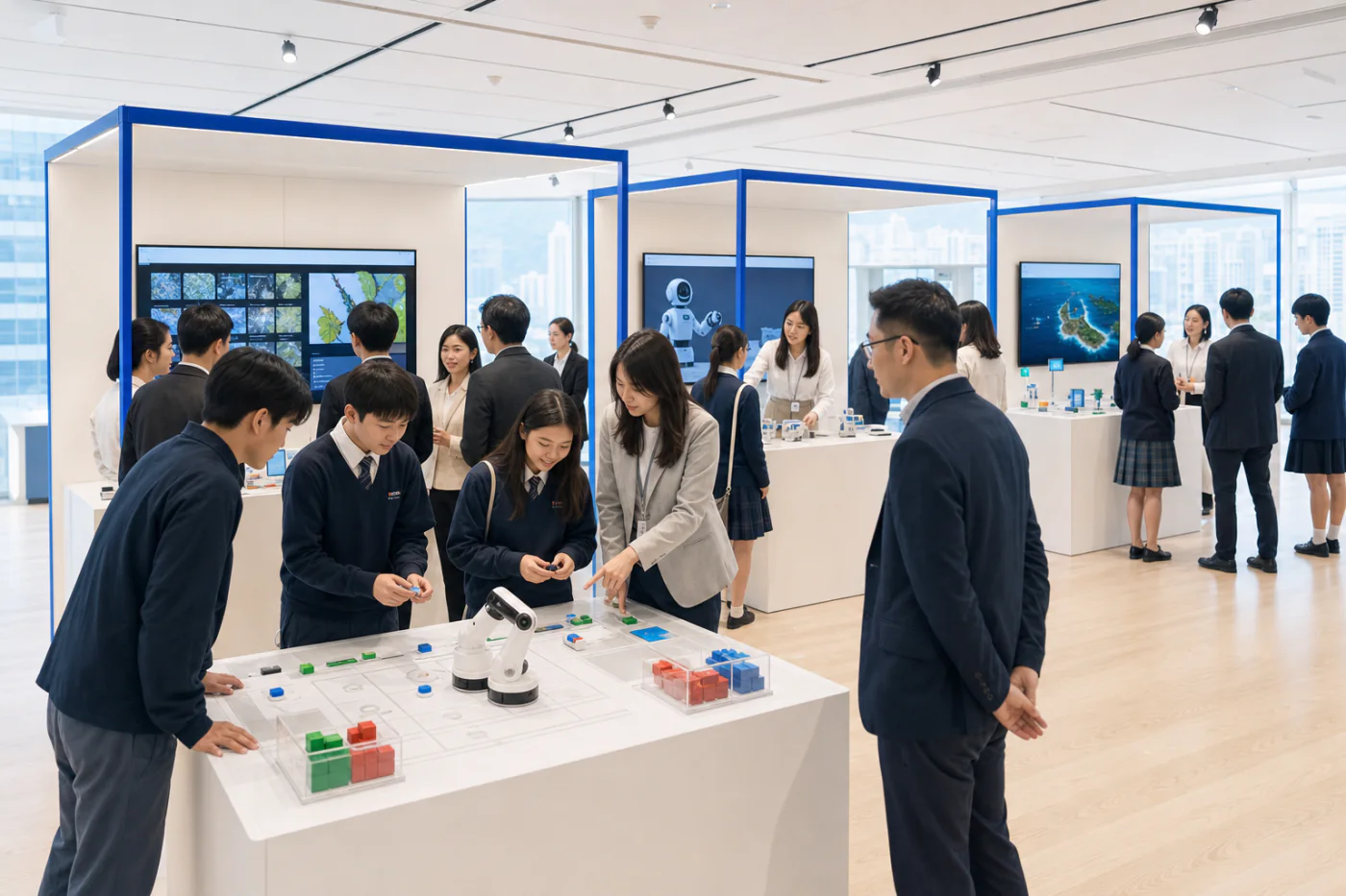 Illustrative AI technology carnival booths with school and institutional participants