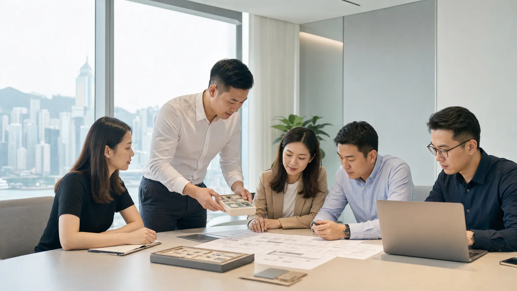 Illustrative Asian mixed-gender professional team reviewing project information